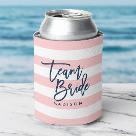 Enfriador De Latas Pastel Coral Tiras Rosadas y Blancas Equipo Azul N
