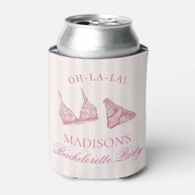 Enfriador De Latas Pastel Pink Lace Lingerie Bachelorette Party Favor (Lata Anverso)