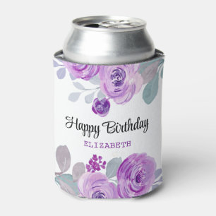Enfriador De Latas Pastel Purple Rosa Greenery Feliz Cumpleaños