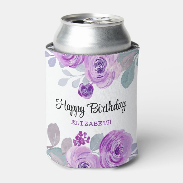 Enfriador De Latas Pastel Purple Rosa Greenery Feliz Cumpleaños (Lata Anverso)