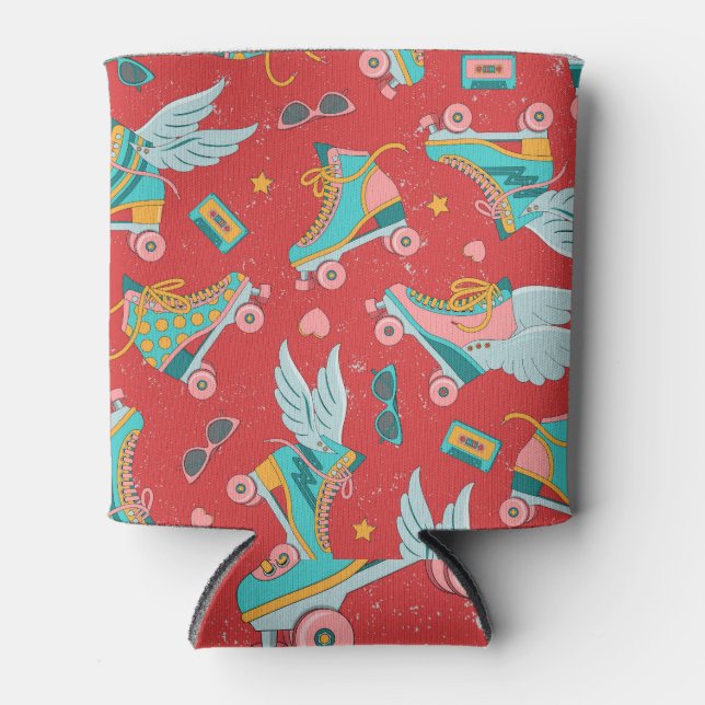 Enfriador De Latas Patines Retro Roller: Fondo Rojo Brillante (Anverso)