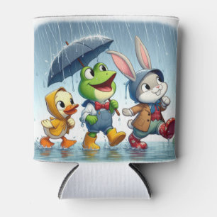 Enfriador De Latas Pato lindo, rana, conejito bajo la lluvia