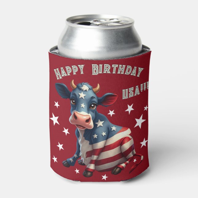 Enfriador De Latas Patriotic American Flag Cow Illustration (Lata Anverso)
