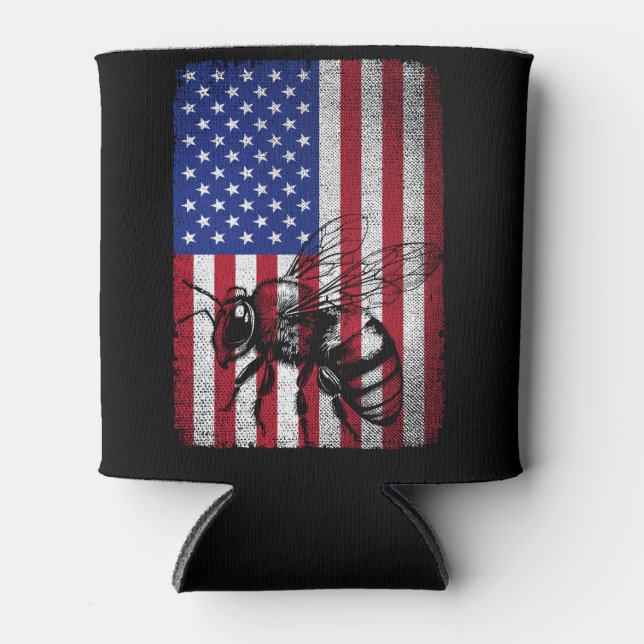 Enfriador De Latas Patriotic Bee USA Bandera Americana Beekeep (Anverso)
