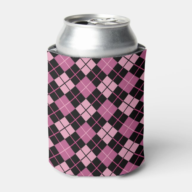 Enfriador De Latas Patrón argyle en negro y rosa (Lata Anverso)