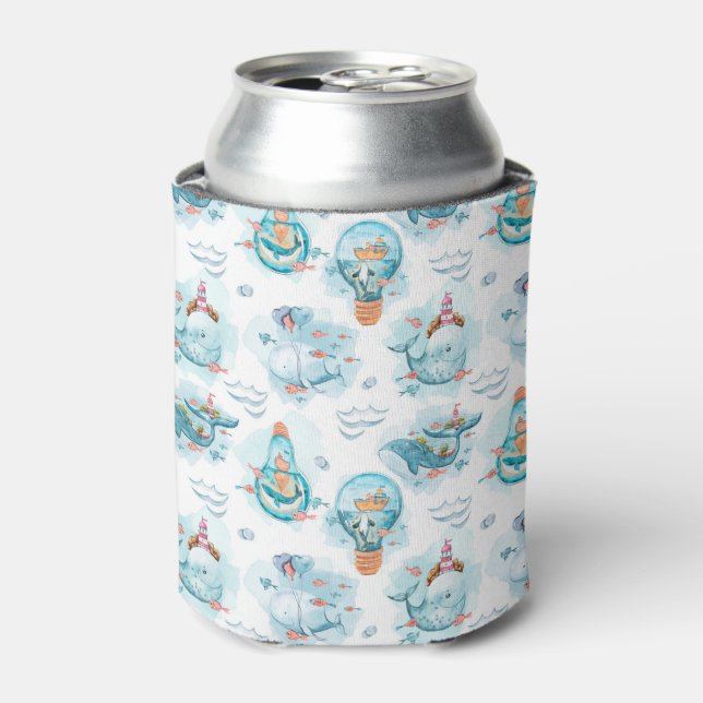 Enfriador De Latas Patrón de acuarela de ballenas náuticas (Lata Anverso)
