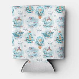 Enfriador De Latas Patrón de acuarela de ballenas náuticas