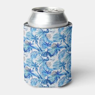 Enfriador De Latas Patrón de acuarela tropical azul brillante