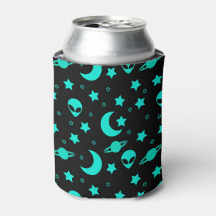 Enfriador De Latas Patrón de Alien Turquesa con Estrellas y Lunas