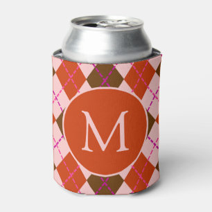 Enfriador De Latas Patrón de Argyle Rojo Rosa y Marrón con Monograma