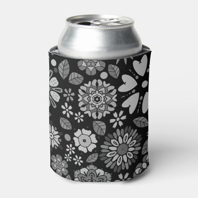 Enfriador De Latas Patrón De Arte Floral Retro De Color Negro Y Gris  (Lata Anverso)