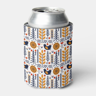 Enfriador De Latas Patrón de arte folclórico de aves de otoño