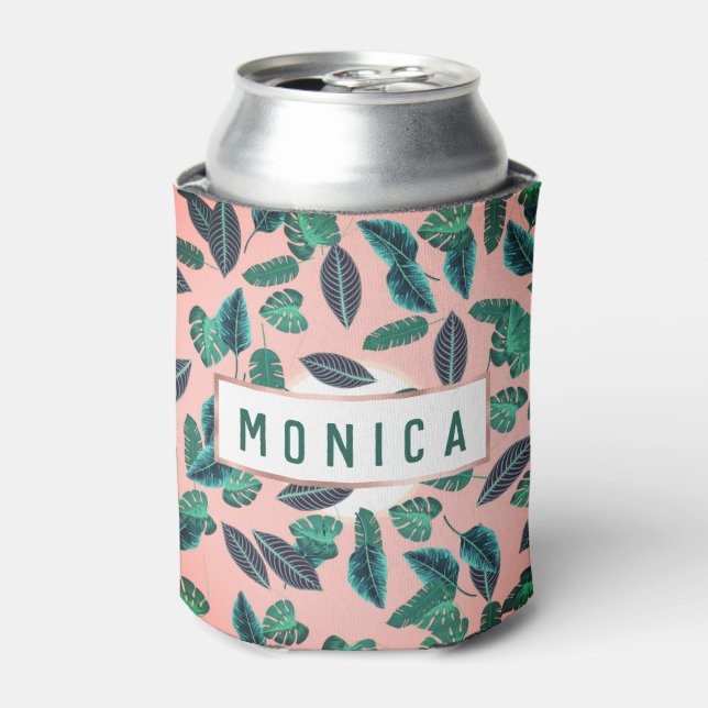 Enfriador De Latas Patrón de atardecer de hojas verdes rosadas de ver (Lata Anverso)