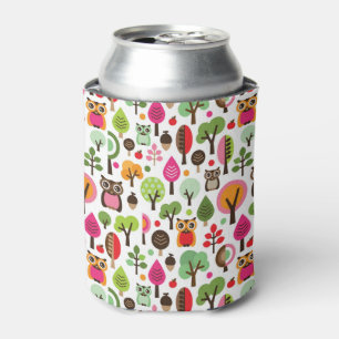 Enfriador De Latas patrón de búho retro de árbol de hoja rosa
