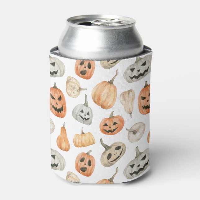 Enfriador De Latas Patrón de calabaza de acuarela divertida (Lata Anverso)