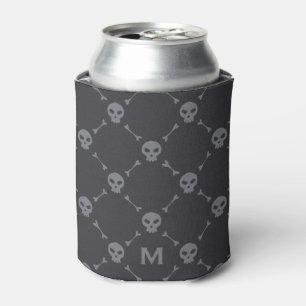 Enfriador De Latas Patrón de calavera y huesos Monograma Gris
