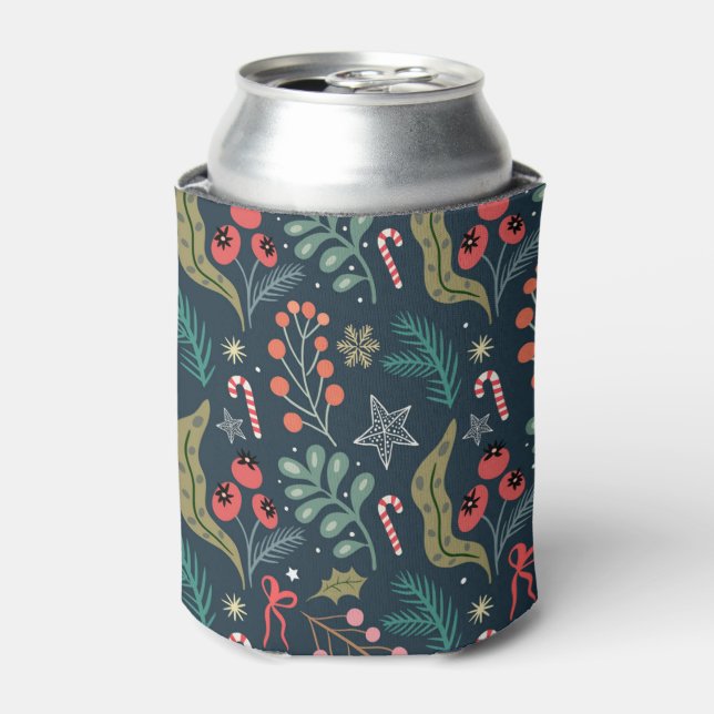 Enfriador De Latas Patrón de caña de vándalo y holly festivo (Lata Anverso)