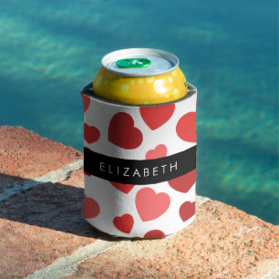 Enfriador De Latas Patrón De Corazones, Corazones Rojos, Tu Nombre