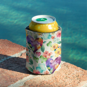 Enfriador De Latas Patrón de corazones florales de flor de acuarela l