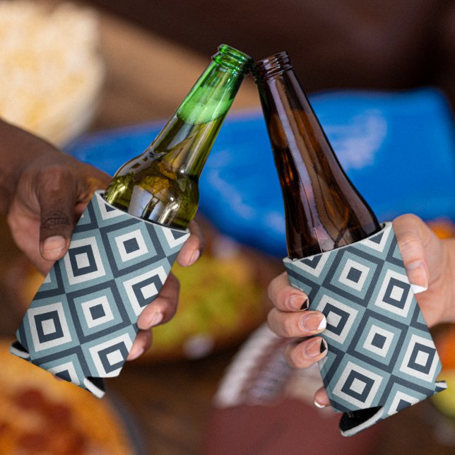 Enfriador De Latas Patrón de cuadrados azules (blue geometric squares cooler)