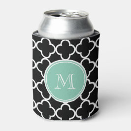 Enfriador De Latas Patrón de cuatrefoil negro, Monograma verde de men