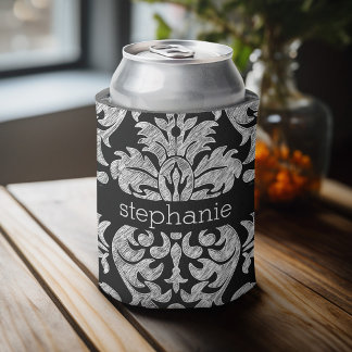 Enfriador De Latas Patrón de damasco de encaje negro y blanco
