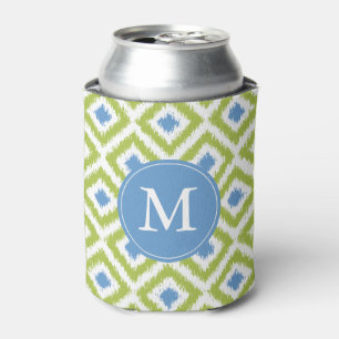 Enfriador De Latas Patrón de diamantes de ikat verde azul monogramado