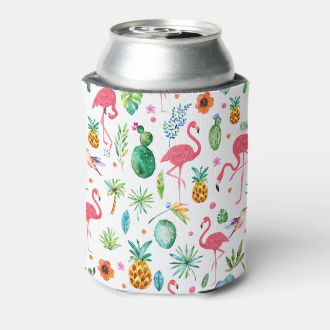 Enfriador De Latas Patrón de flamencos y flores tropicales y hojas (Reverso de la lata)