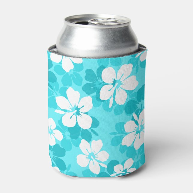 Enfriador De Latas Patrón de flor de Hibiscus tropical azul y blanco (Lata Anverso)