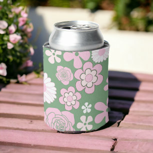 Enfriador De Latas Patrón de flor del Y2K 70s del Retro Blanco Rosa V