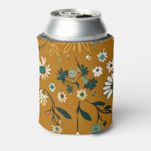 Enfriador De Latas Patrón de flores mostaza boho retro de otoño