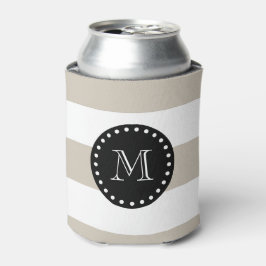 Enfriador De Latas Patrón de franjas blancas beiges, monograma negro