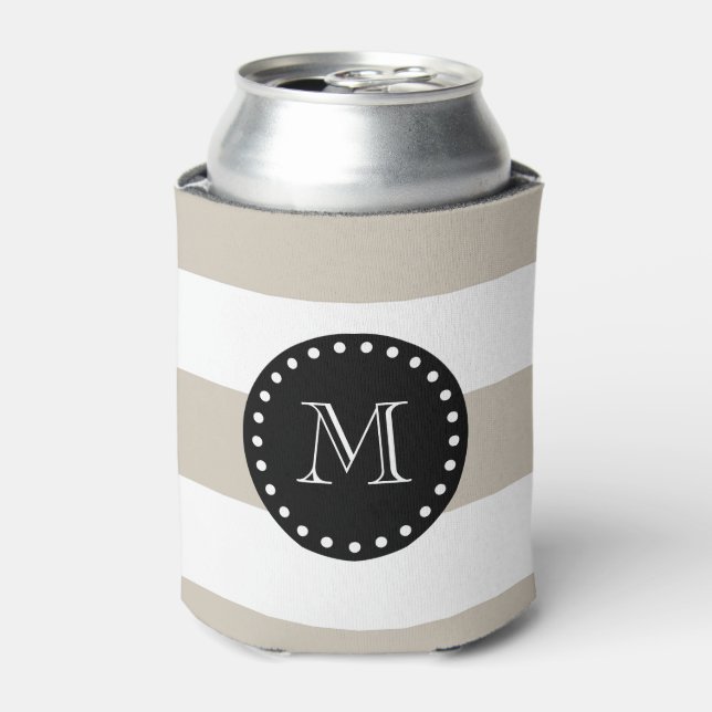 Enfriador De Latas Patrón de franjas blancas beiges, monograma negro (Lata Anverso)
