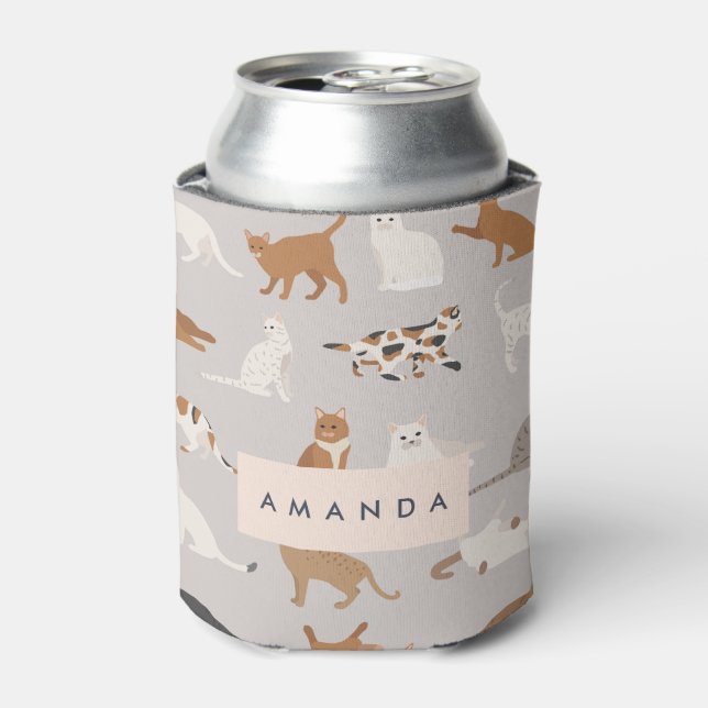 Enfriador De Latas Patrón de gato con encanto monograma Amantes de ga (Lata Anverso)