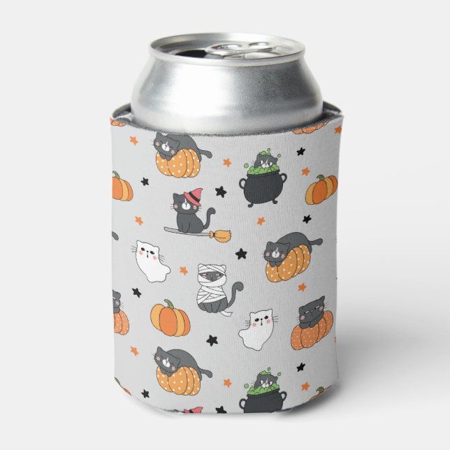 Enfriador De Latas Patrón de gatos y fantasmas de Halloween (Lata Anverso)