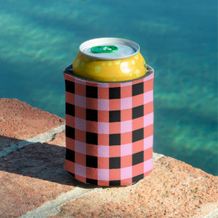 Enfriador De Latas Patrón de Gingham negro rosado