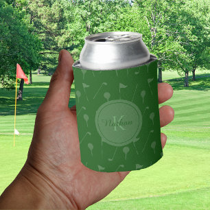 Enfriador De Latas Patrón de golf verde Elegante Monograma Masculino 