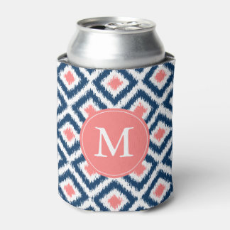Enfriador De Latas Patrón de Ikat azul y coral monogramado
