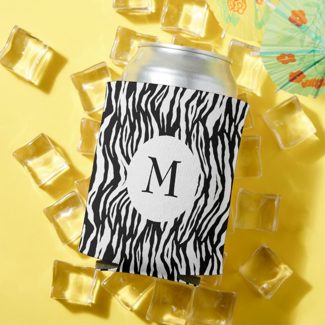 Enfriador De Latas Patrón de impresión de monograma genial negro y bl (Verano in situ)