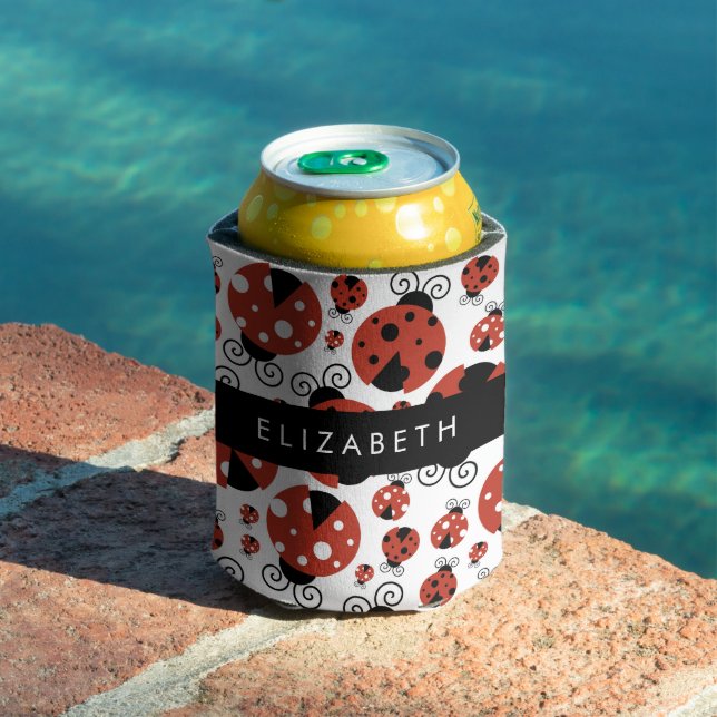 Enfriador De Latas Patrón de Ladybugs, Ladybugs Rojos, Tu Nombre (Piscina in situ)