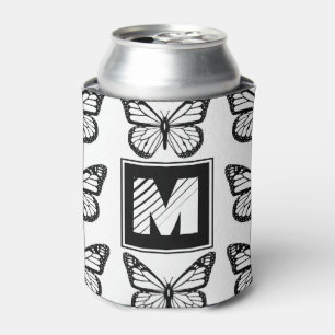 Enfriador De Latas Patrón de mariposa en blanco y negro con monograma
