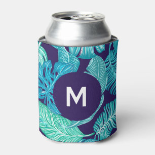 Enfriador De Latas Patrón de Monograma de Hojas Verdes Azules Tropica