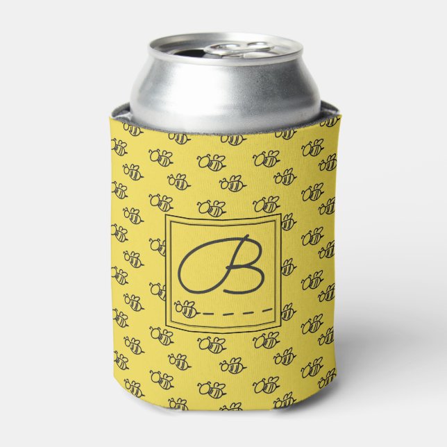 Enfriador De Latas Patrón de monograma de las abejas de verano amaril (Lata Anverso)