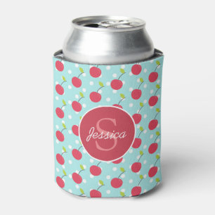 Enfriador De Latas Patrón de puntos de polka azul y cereza personaliz