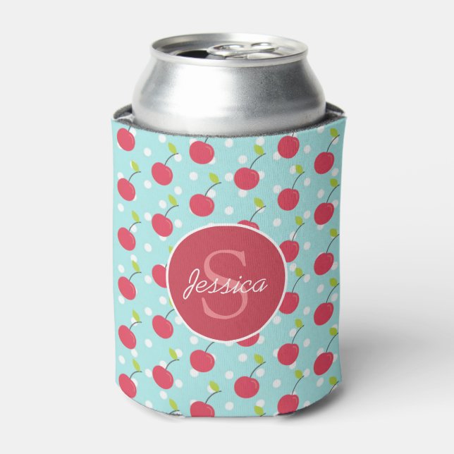 Enfriador De Latas Patrón de puntos de polka azul y cereza personaliz (Lata Anverso)