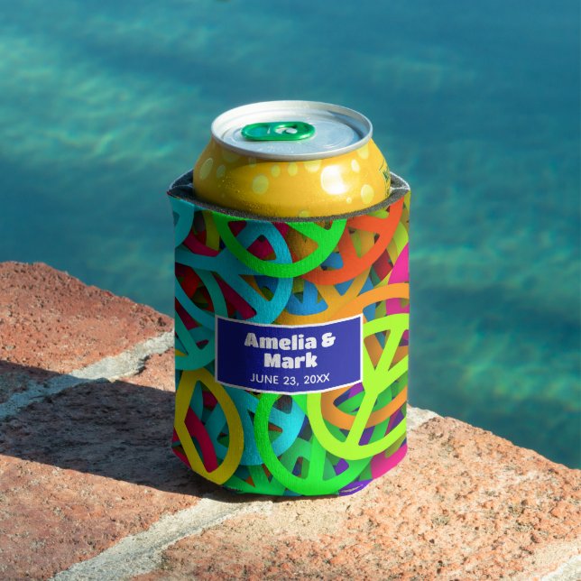 Enfriador De Latas Patrón de signo de paz Groovy Sesenta Boda de víde (Piscina in situ)