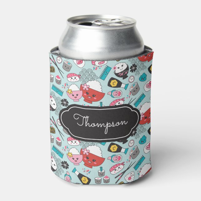 Enfriador De Latas Patrón de sushi azul Kawaii (Lata Anverso)