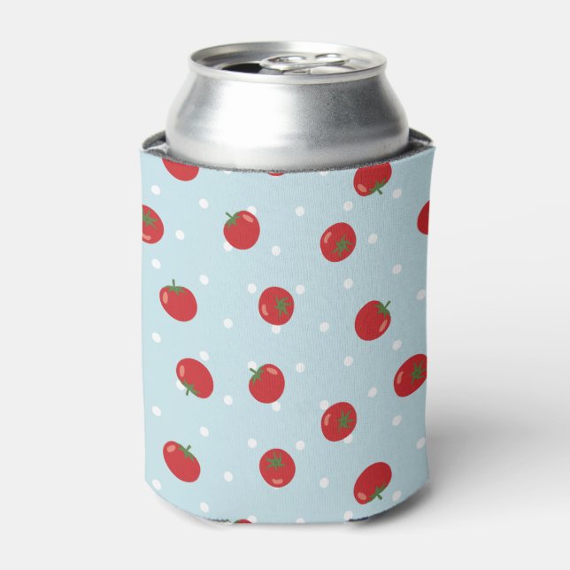 Enfriador De Latas Patrón de tomate con fondo de punto de polka azul (Lata Anverso)
