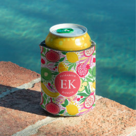 Enfriador De Latas Patrón de verano de acuarela de monograma de fruta