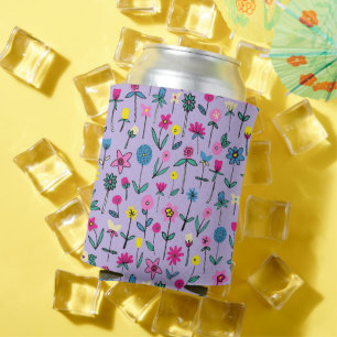 Enfriador De Latas Patrón floral brillante lila femenino lindo